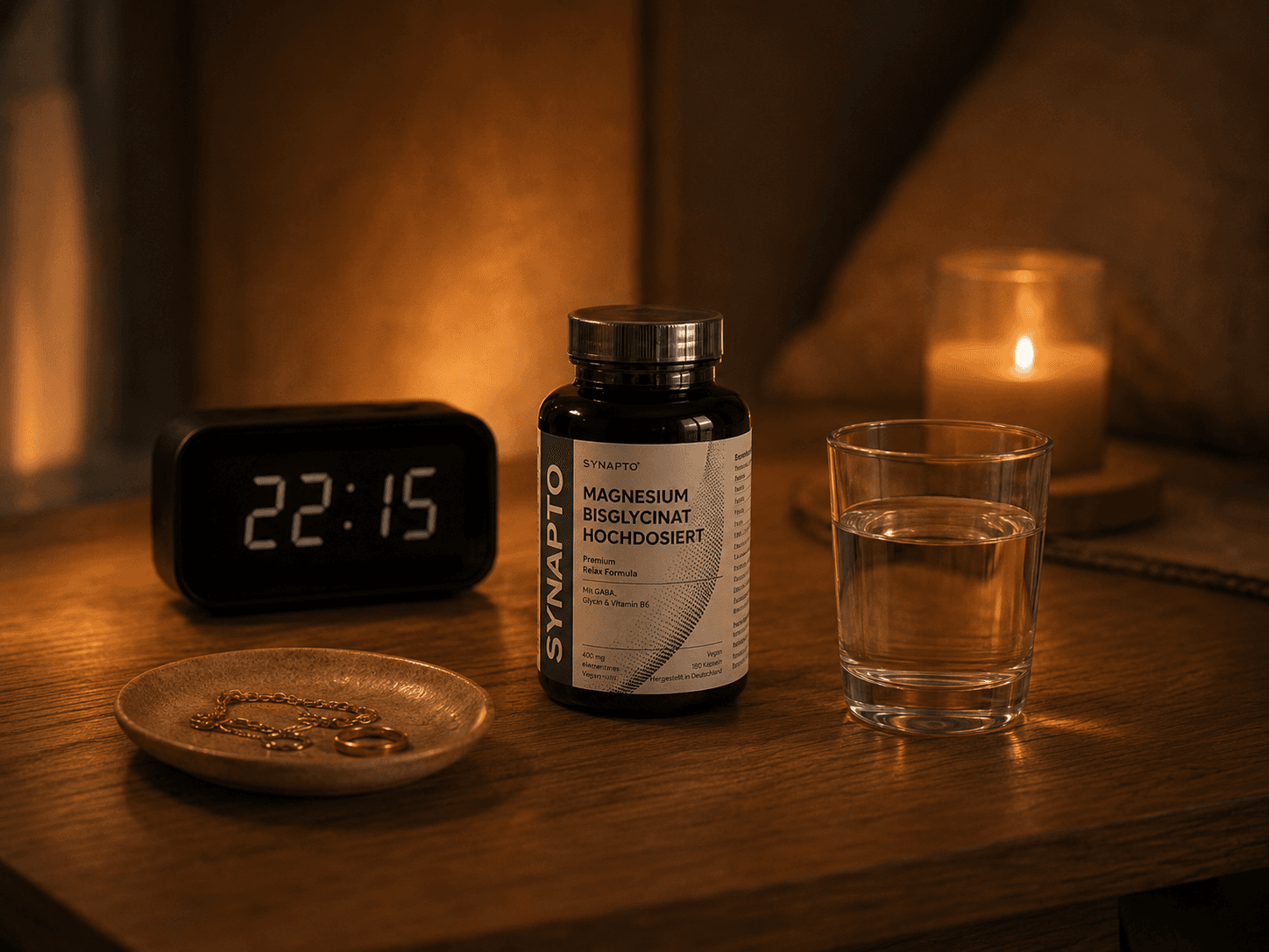 Nightstand late in the evening with SYNAPTO Magnesium Bisglycinate