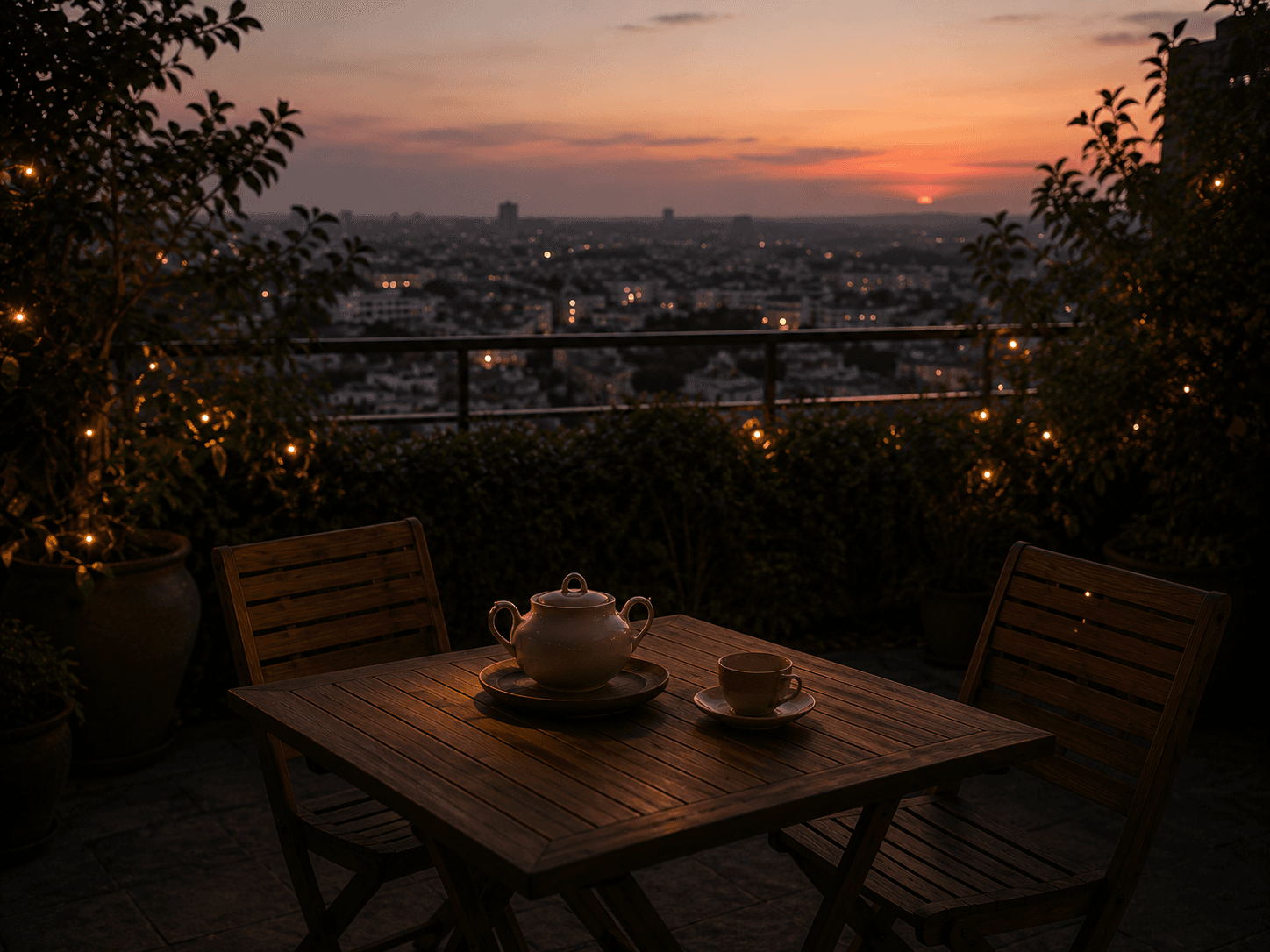 Set table on the terrace at sunset