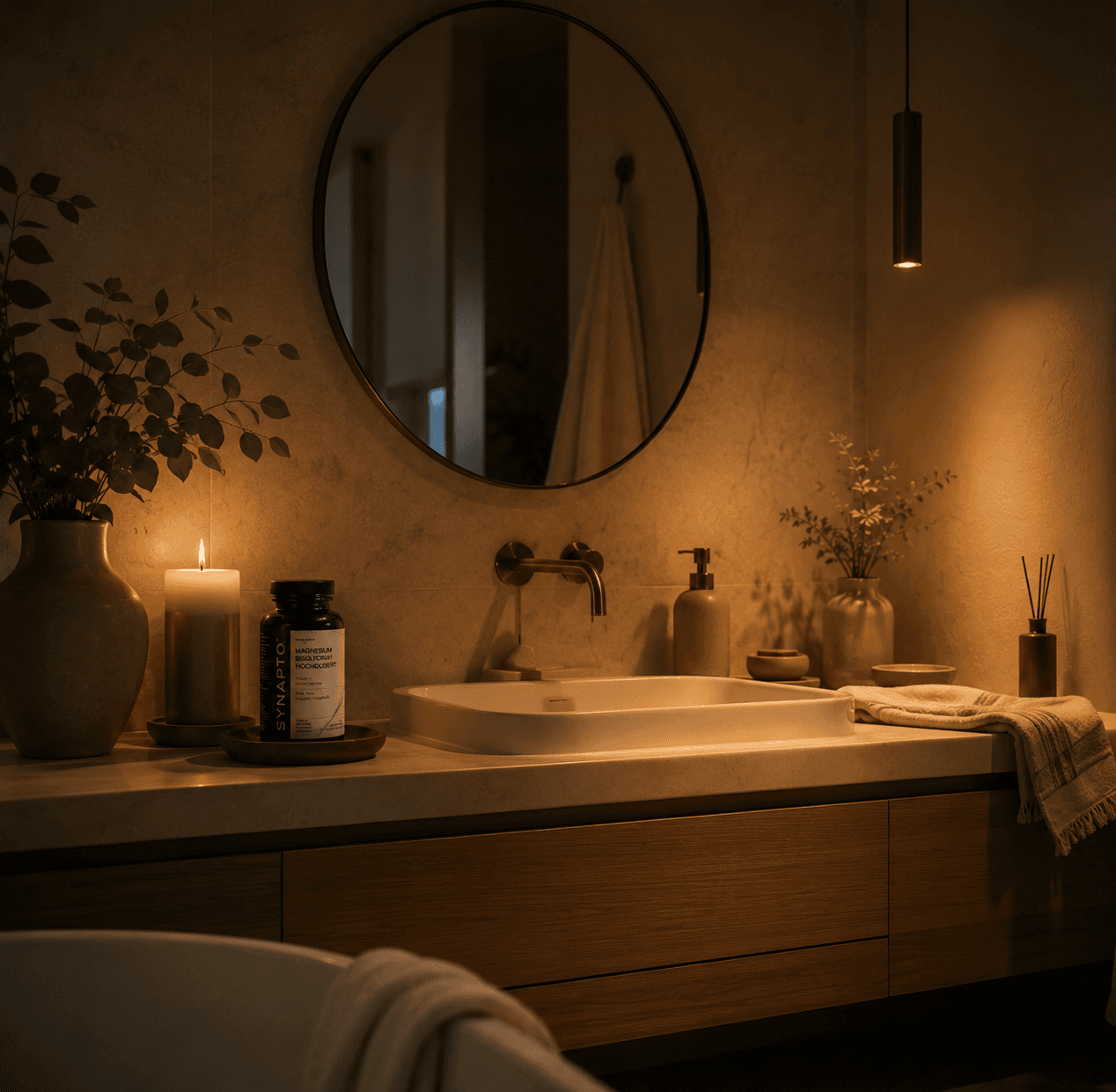Bathroom in the evening with SYNAPTO Magnesium Bisglycinate