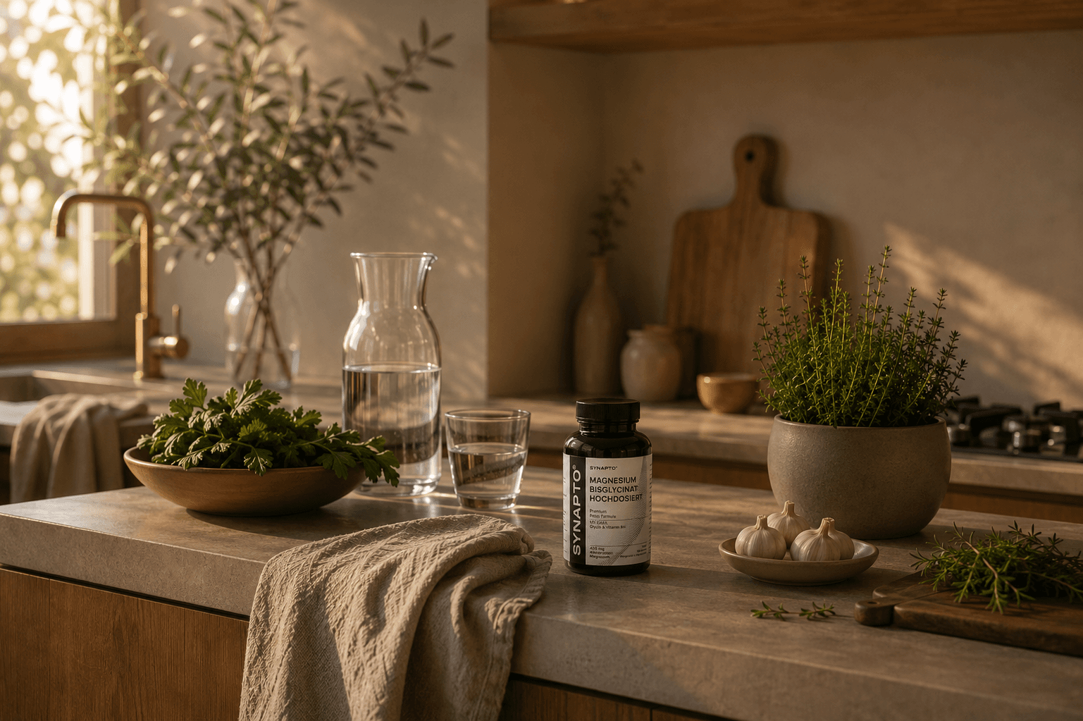 Kitchen in the morning with fresh herbs and SYNAPTO Magnesium Bisglycinate