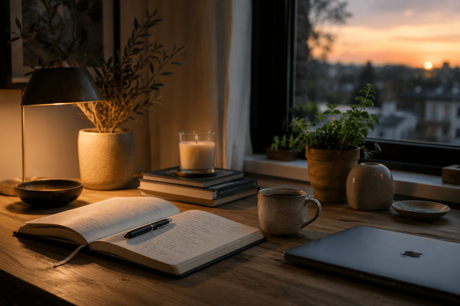 Desk at sunset with a notebook and a view over the city