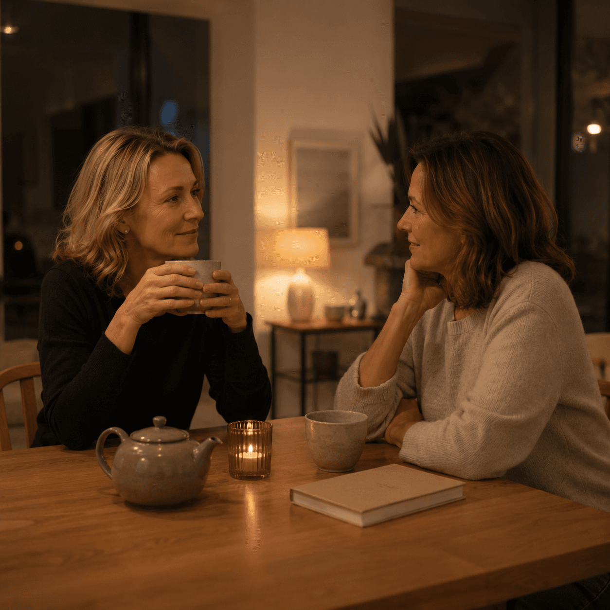 Two women talking in the evening