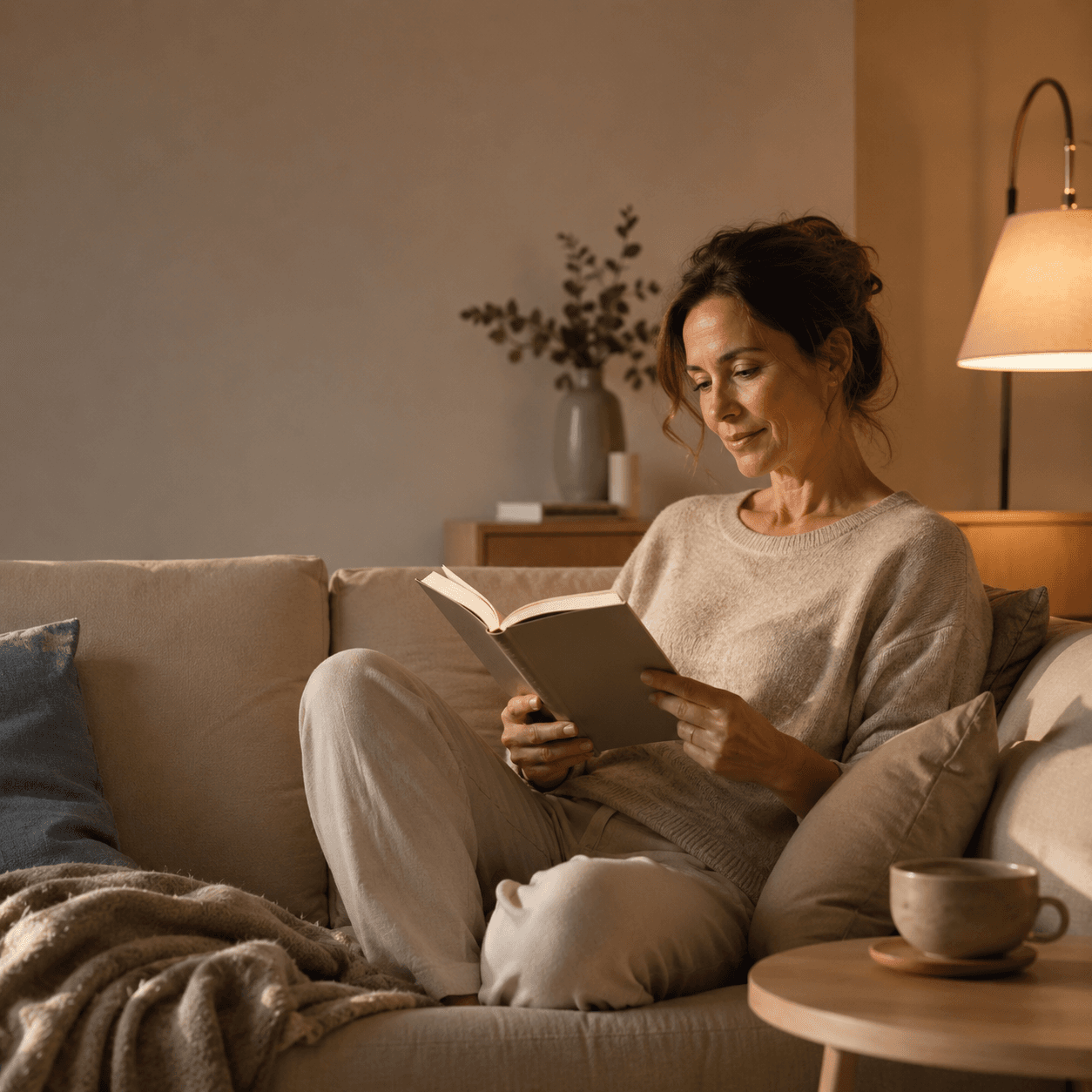 Woman relaxing with a book on the sofa