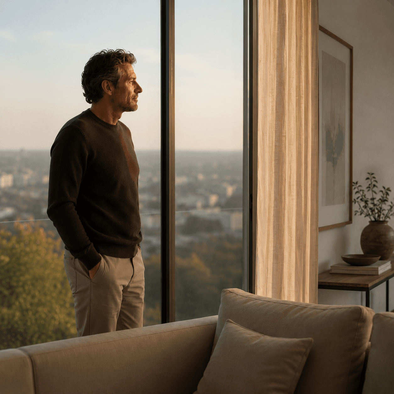 Man relaxed, looking out the window
