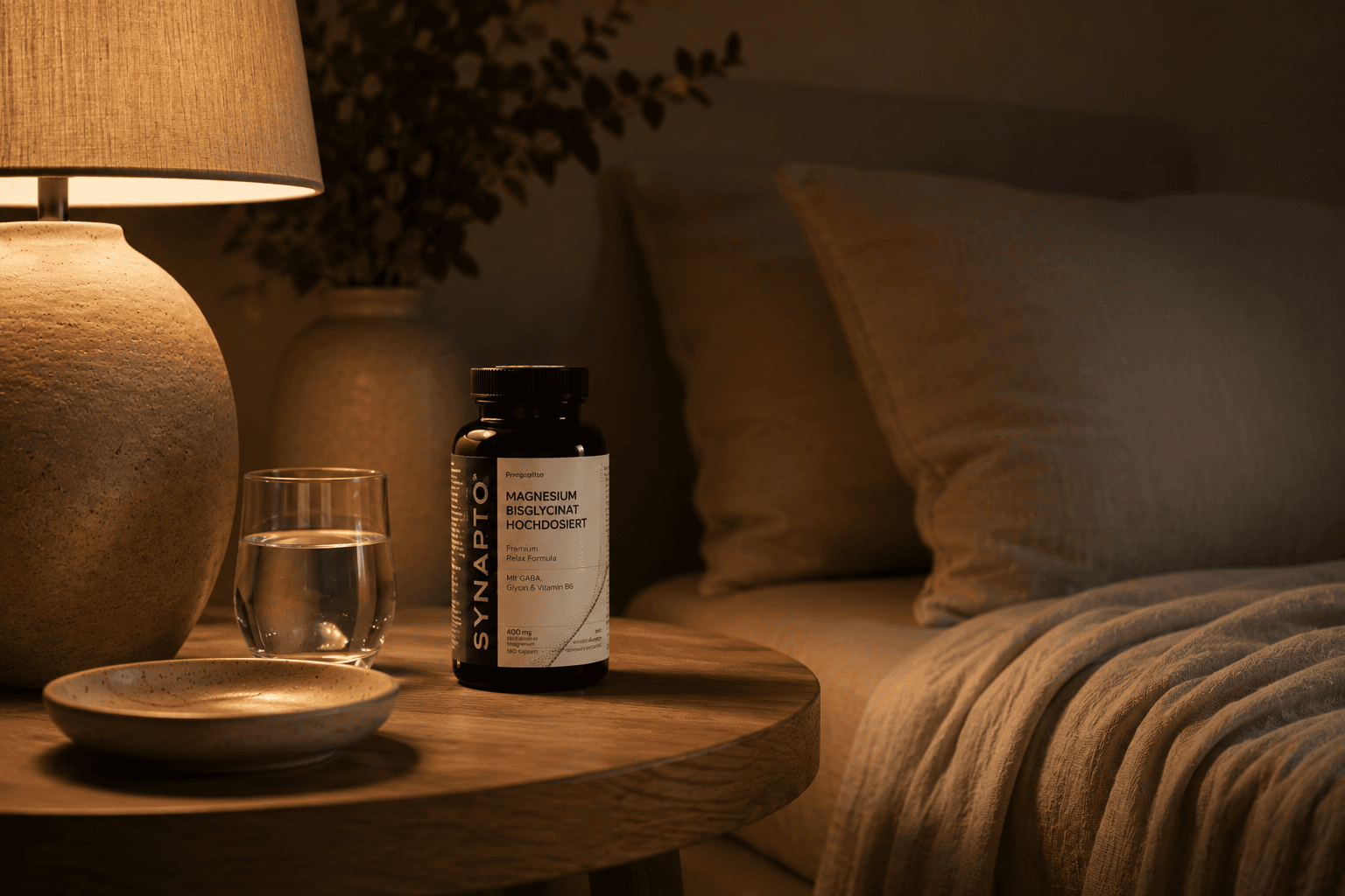 SYNAPTO Magnesium Bisglycinate on the nightstand in a cozy atmosphere