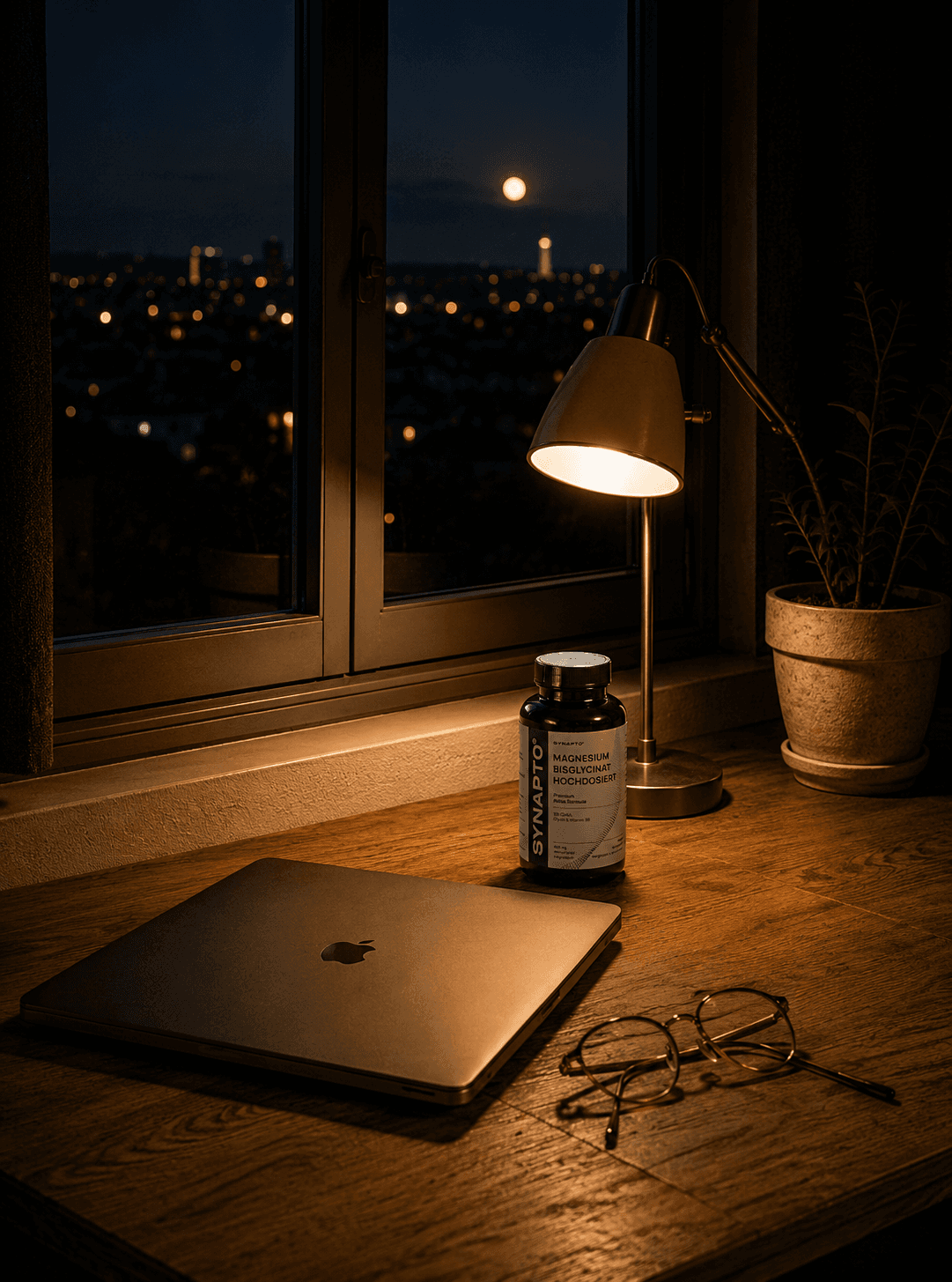 Desk at night with a view over the city and SYNAPTO Magnesium Bisglycinate