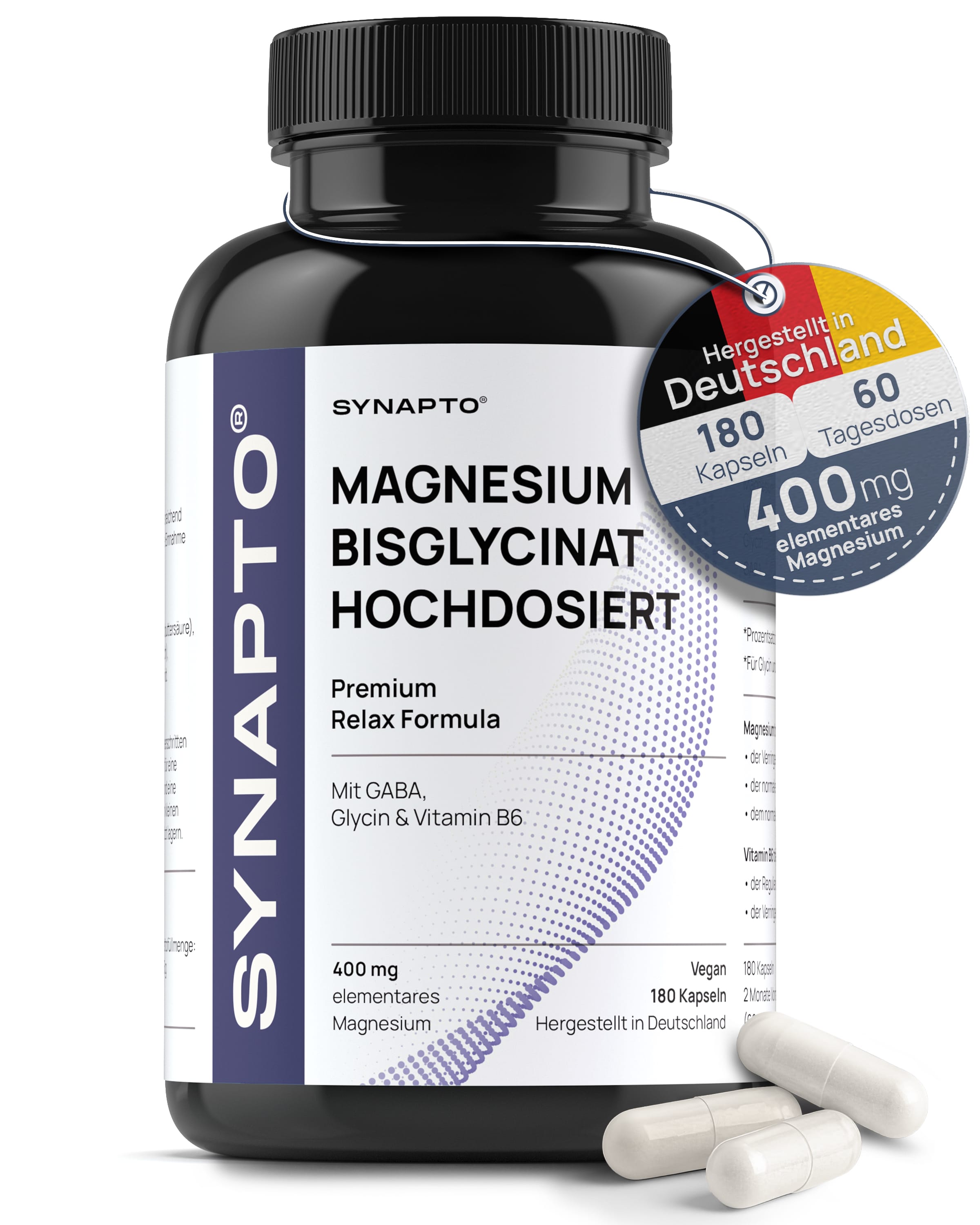 SYNAPTO Magnesium Bisglycinat Hochdosiert – 180 Kapseln · 60 Tagesdosen · 400 mg · Made in Germany